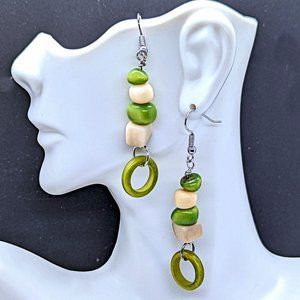 Olive Green and Bone White Tagua Nut Bead Earrings with Stainless Steel Hooks
